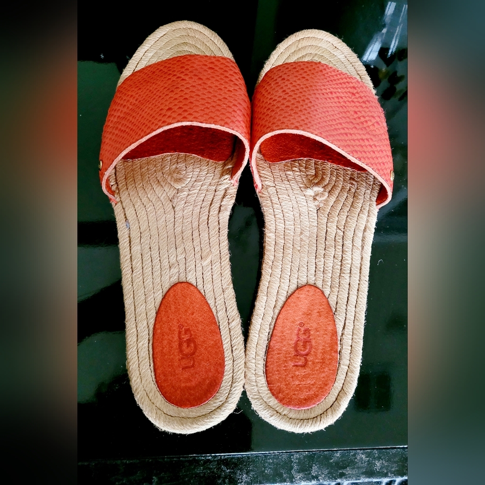 UGG Cherry Exotic Genuine Leather/Jute Espadrille Flat Slide Sandals Salmon 10 - Picture 5 of 16
